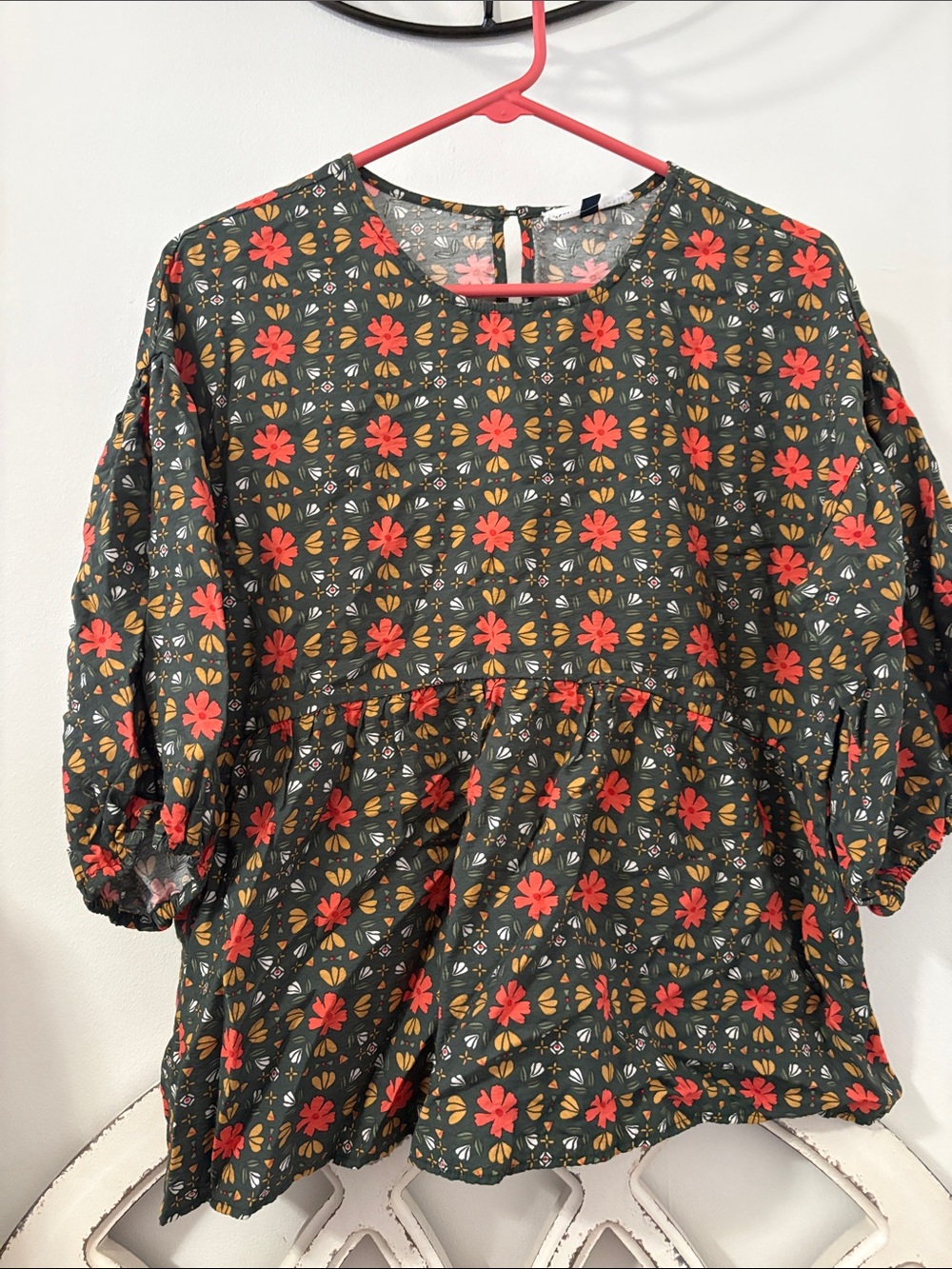 Floral Peplum Blouse in Dark Green and orange